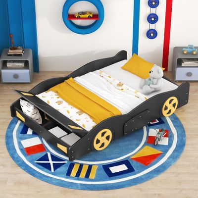 JIVOIT Full Size Car-Shaped Platform Bed with Wheels, Wood Platform Bed Frame with Storage and Wood Slat Support, Low Floor Bed Platform Bed, No Box Spring Needed (Black+Yellow, Full Size)
