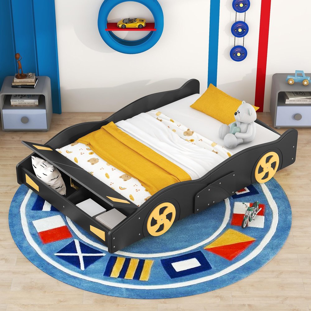 JIVOIT Full Size Car-Shaped Platform Bed with Wheels, Wood Platform Bed Frame with Storage and Wood Slat Support, Low Floor Bed Platform Bed, No Box Spring Needed (Black+Yellow, Full Size)
