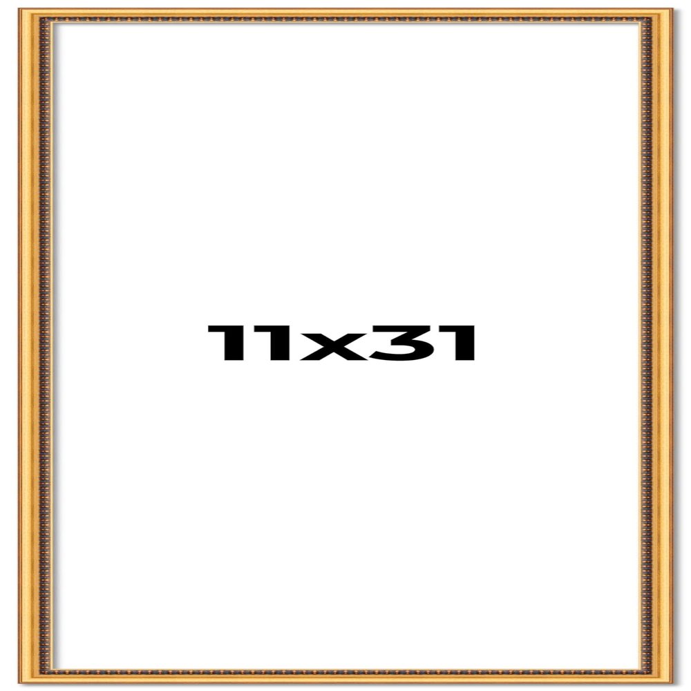 11x31 Frame Beaded Gold Solid Wood Picture Frame | 0.75 Inches Moulding Width | Liscio Oro Traditional Photo Frame | Complete with UV Acrylic Plexiglass, Foam Board Backing & Hanging Hardware