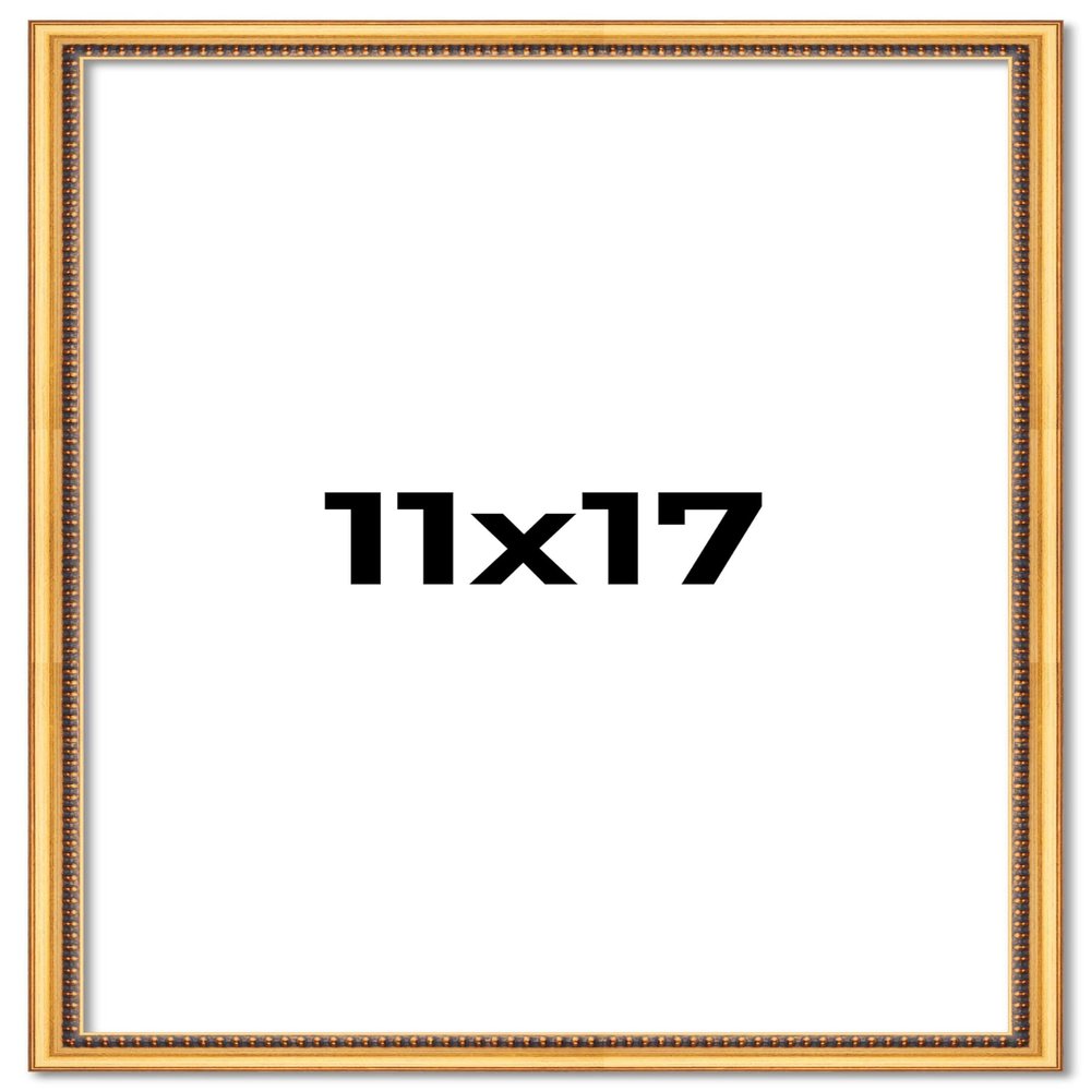 11x17 Frame Beaded Gold Solid Wood Picture Frame | 0.75 Inches Moulding Width | Liscio Oro Traditional Photo Frame | Complete with UV Acrylic Plexiglass, Foam Board Backing & Hanging Hardware