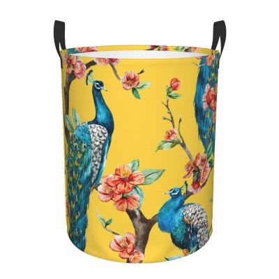 Beautiful Peacock Print Circular Protable Storage Bin,Basket For Laundry Hamper With Handles Bedroom Clothes