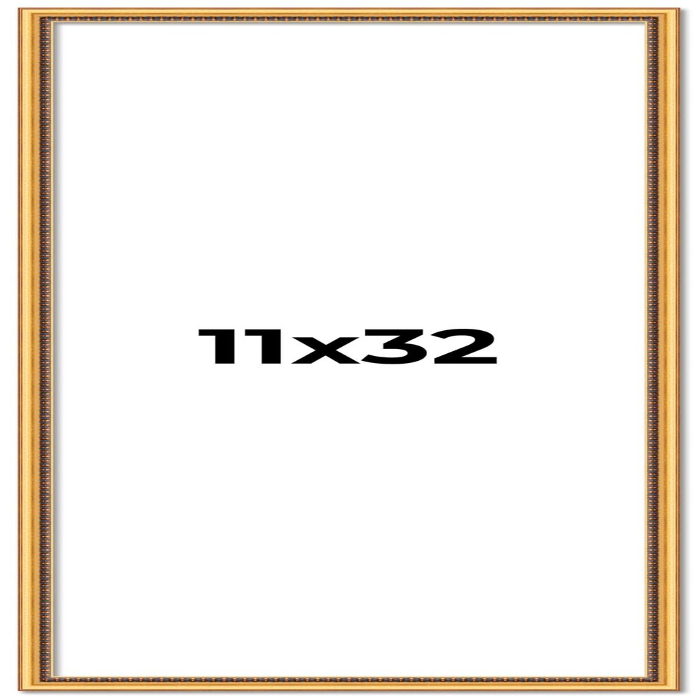 11x32 Frame Beaded Gold Solid Wood Picture Frame | 0.75 Inches Moulding Width | Liscio Oro Traditional Photo Frame | Complete with UV Acrylic Plexiglass, Foam Board Backing & Hanging Hardware