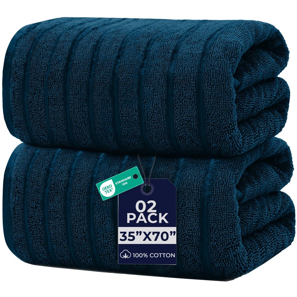 DAN RIVER Pack of 2 Bath Sheet 35x70 Inches, Big Towels Oversized Extra Ribbed Large Bath Sheets, Absorbent Quick Dry Towels - Blue Opal