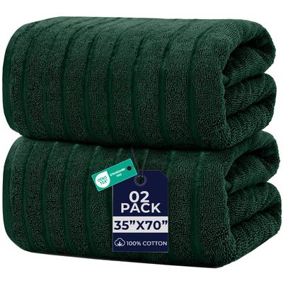 DAN RIVER Pack of 2 Bath Sheet 35x70 Inches, Ribbed Oversized Bath Towels Extra Large, Organic Cotton Towels for Bathroom - Hunter Green
