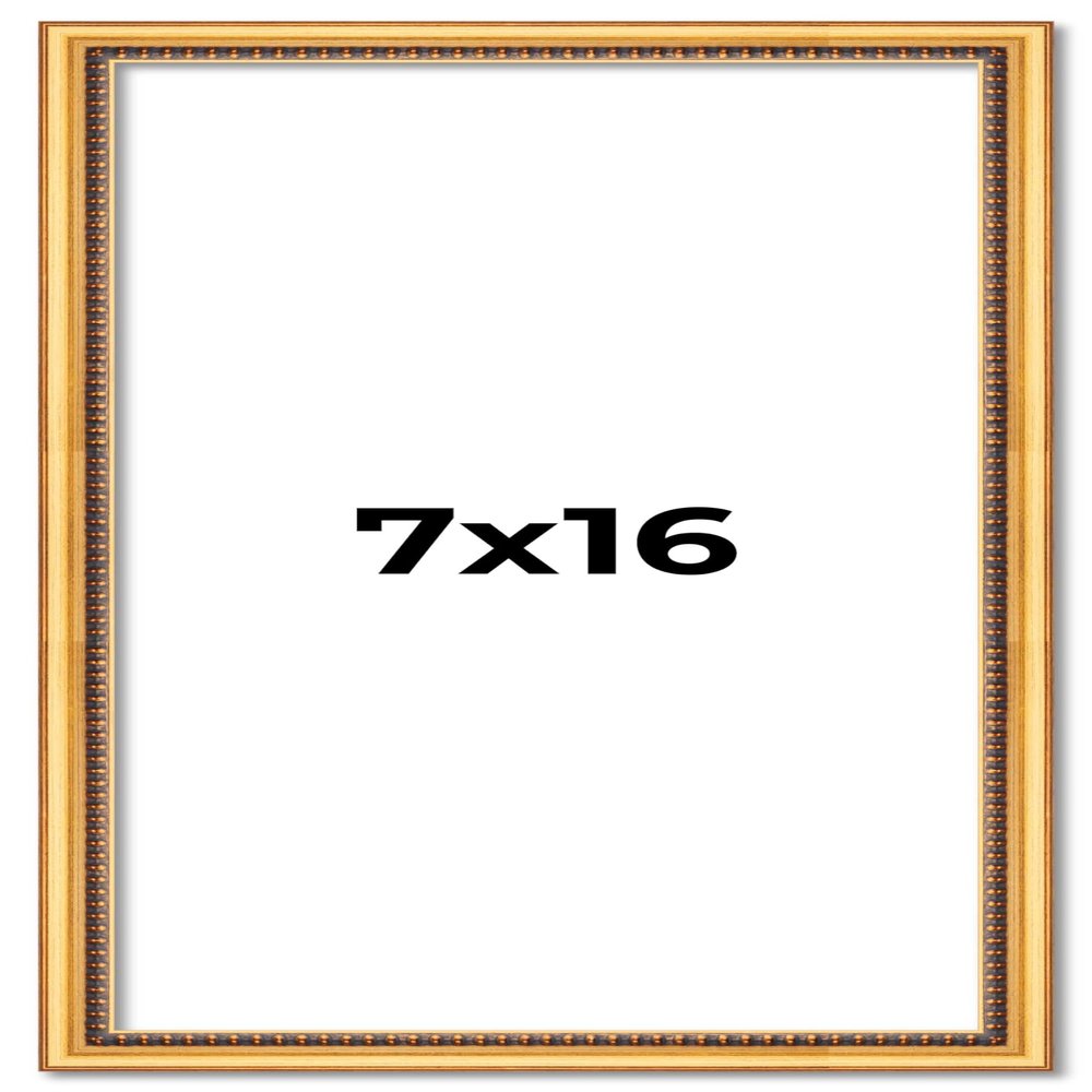 7x16 Frame Beaded Gold Solid Wood Picture Frame | 0.75 Inches Moulding Width | Liscio Oro Traditional Photo Frame | Complete with UV Acrylic Plexiglass, Foam Board Backing & Hanging Hardware
