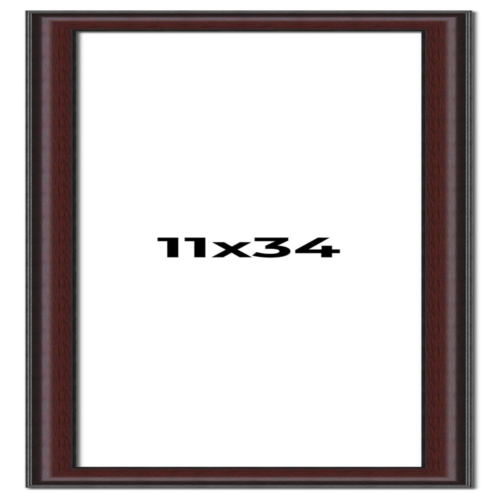 11x34 Frame Brown Round Mahogany Solid Wood Picture Frame | 1.625 Inch Moulding Width | with UV Acrylic Plexiglass, Foam Board Backing & Hanging Hardware Included