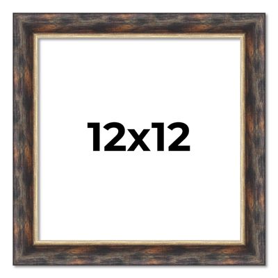 12x12 Frame Dark Brown Oak with Gold Fillet Solid Wood Picture Frame | 1.5 Inch Moulding Width | Garrett Modern Photo Frame Complete with UV Acrylic, Foam Board Backing & Hanging Hardware