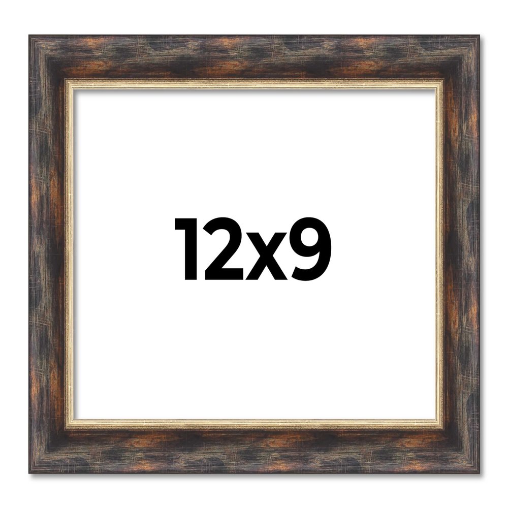 12x9 Frame Dark Brown Oak with Gold Fillet Solid Wood Picture Frame | 1.5 Inch Moulding Width | Garrett Modern Photo Frame Complete with UV Acrylic, Foam Board Backing & Hanging Hardware