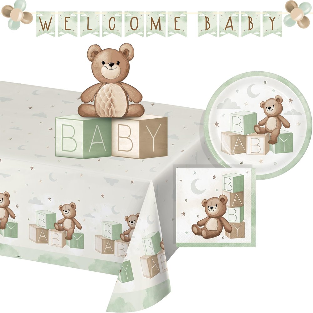 Trendware Teddy Bear Deluxe Baby Shower Tableware and Decorations Kit, Serves 8
