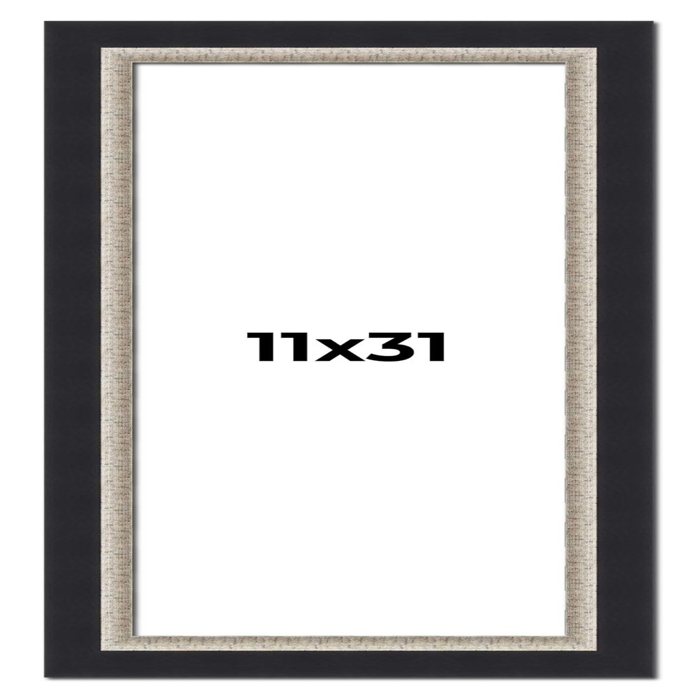 11x31 Frame Black Real Wood Picture Frame Width 2.25 Inches | Interior Frame Depth 0.5 Inches | Bridger Silver Traditional Photo Frame Complete with UV Acrylic, Foam Board Backing & Hanging Hardware