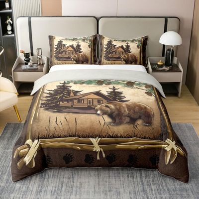 100% Cotton Jungle Wooden Cabin Duvet Cover,Outdoor Adventure Wild Bear Pine Tree Bedding Set for Room Decor,Retro Wood Frame Bear Wildlife Paw Print All Season Comforter Cover (No Comforter) Full