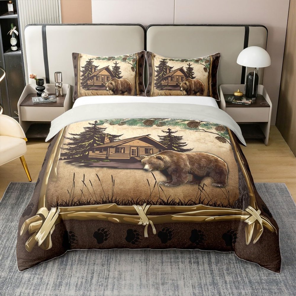 100% Cotton Jungle Wooden Cabin Duvet Cover,Outdoor Adventure Wild Bear Pine Tree Bedding Set for Room Decor,Retro Wood Frame Bear Wildlife Paw Print All Season Comforter Cover (No Comforter) Full