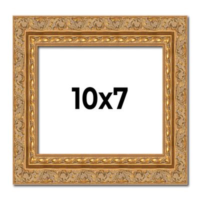 10x7 Frame Gold Ornate Solid Wood Picture Frame | 2 Inch Moulding Width | Firman Traditional Photo Frame Complete with UV Acrylic Plexiglass, Foam Board Backing & Hanging Hardware