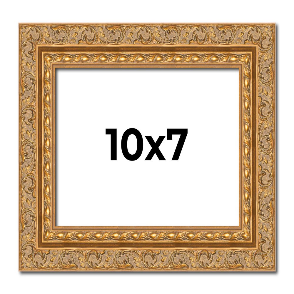 10x7 Frame Gold Ornate Solid Wood Picture Frame | 2 Inch Moulding Width | Firman Traditional Photo Frame Complete with UV Acrylic Plexiglass, Foam Board Backing & Hanging Hardware
