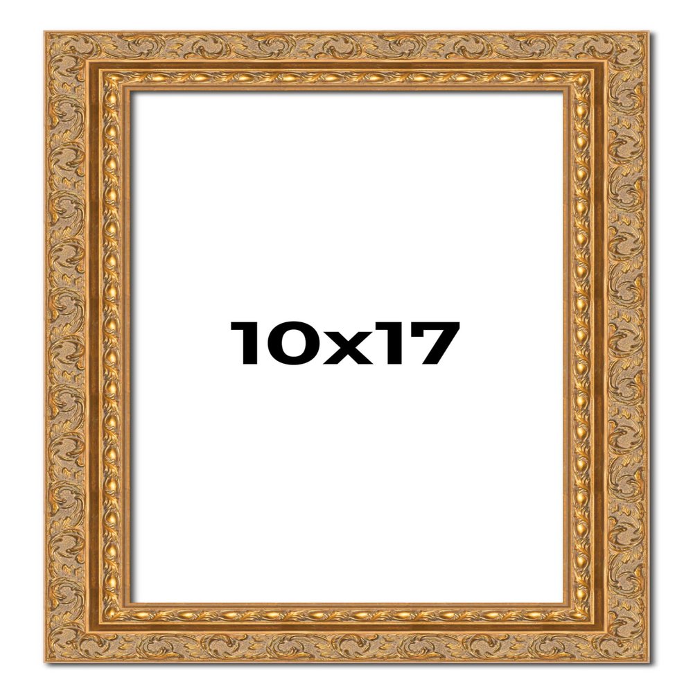 10x17 Frame Gold Ornate Solid Wood Picture Frame | 2 Inch Moulding Width | Firman Traditional Photo Frame Complete with UV Acrylic Plexiglass, Foam Board Backing & Hanging Hardware