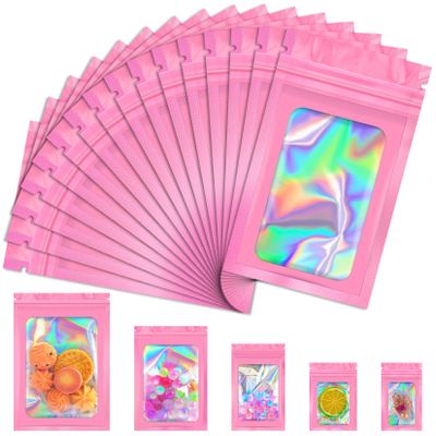 JETMORE 100 PCS Holographic Bags, Pink Mylar Bags, 4x6in Resealable Bags