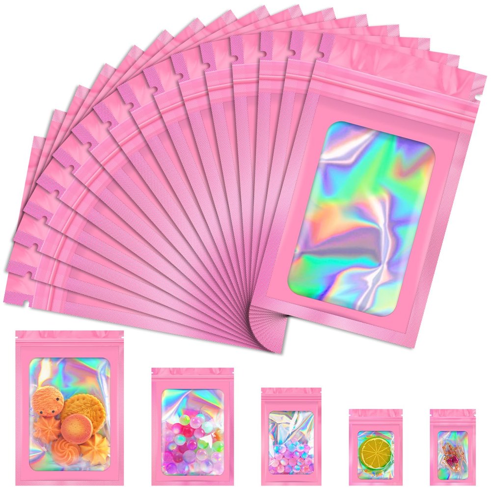 JETMORE 100 PCS Holographic Bags, Pink Mylar Bags, 4x6in Resealable Bags