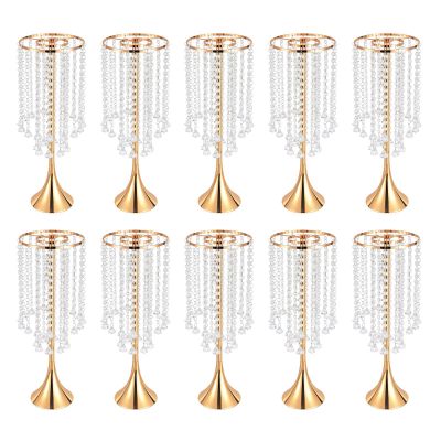 Kathring 10 Pieces Centerpiece Gold Crystal Vase, 21.9" Acrylic Crystal Flower Stand Table Arrangement Wedding Table Flower Decoration for Wedding Restaurant Party Gathering Decoration