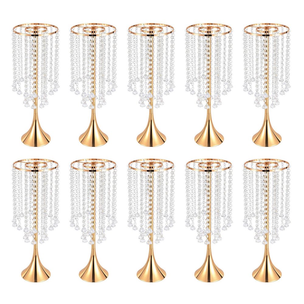 Kathring 10 Pieces Centerpiece Gold Crystal Vase, 21.9" Acrylic Crystal Flower Stand Table Arrangement Wedding Table Flower Decoration for Wedding Restaurant Party Gathering Decoration