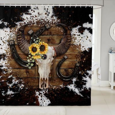 Cow Skull Shower Curtains,Cow Fur Wooden Plank Farmhouse Bathroom Curtains for Boys Girls Men,Cowboy Horseshoe Sunflower White Brown Rustic Waterproof Curtains,12 Hooks Suits,72" W x 72" L