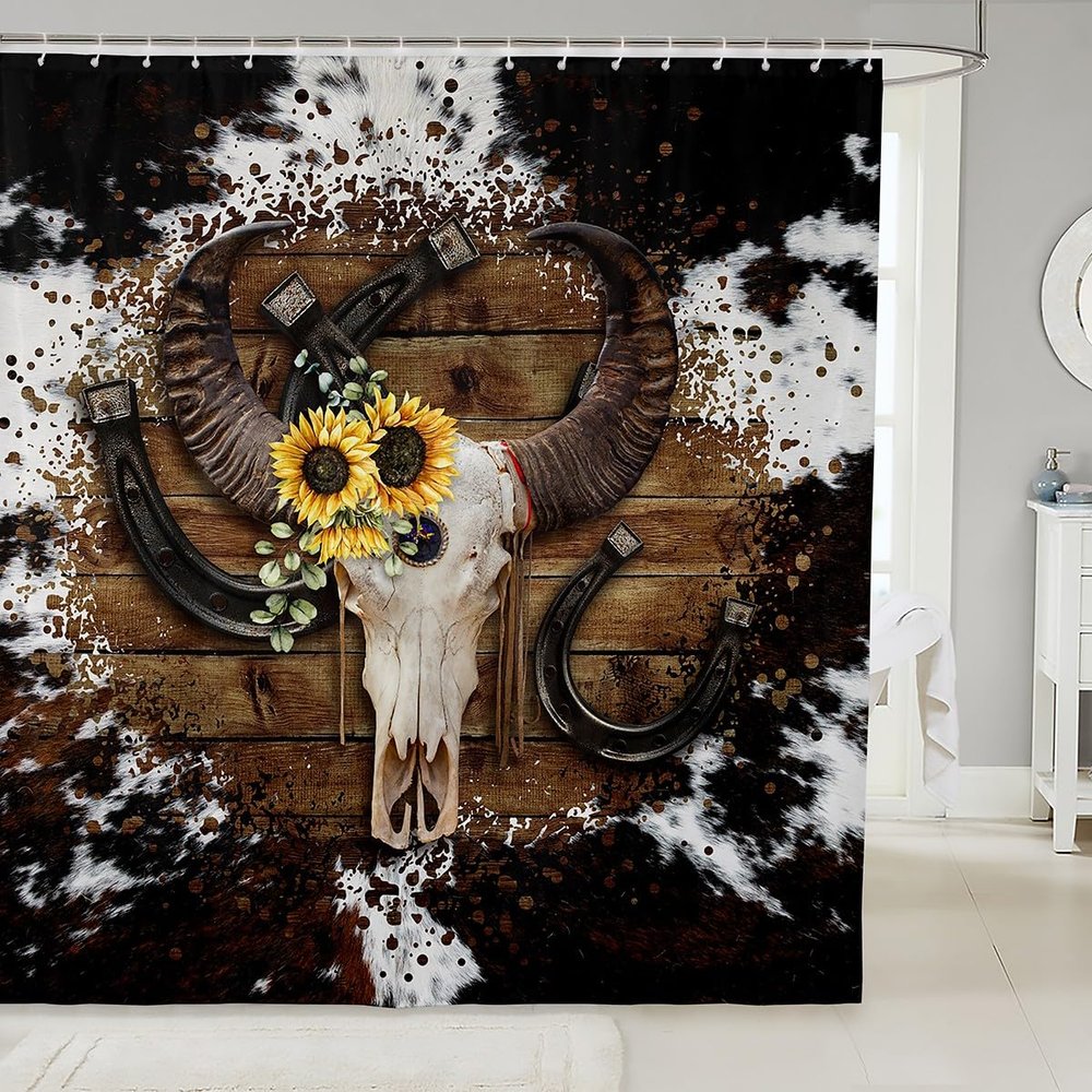 Cow Skull Shower Curtains,Cow Fur Wooden Plank Farmhouse Bathroom Curtains for Boys Girls Men,Cowboy Horseshoe Sunflower White Brown Rustic Waterproof Curtains,12 Hooks Suits,72" W x 72" L