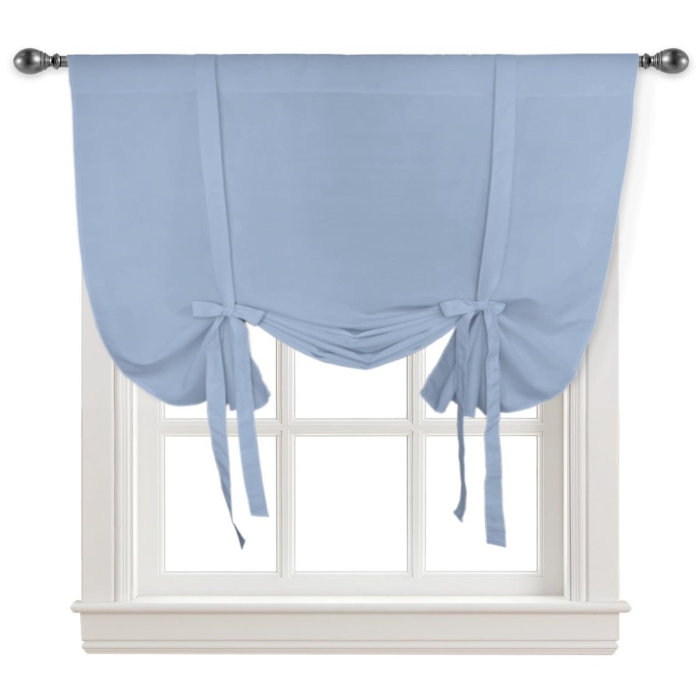 ALAGEO Tie Up Curtain for Window Solid Color Kitchen Curtains Adjustable Balloon Tie Up Shade for Small Window Light Blue Window Curtain for Kitchen Bathroom Living Room 1 Panel Rod Pocket, 52"x45"