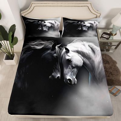 Erosebridal Horse Bed Set for Girls Boys Couples, Black White Horses Fitted Sheet Full Size Wildlife Animal Pattern Bed Sheets Watercolor 3D Wild Animal Oil Print Sheets 3Pcs, No Top Sheet