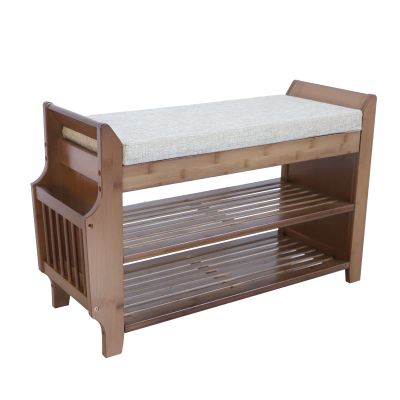 WaShaRoom Shoe Rack,Free Standing Shoe Racks,Shoe Organizer,Shie Rack,Shoe Storage,2-Tier Bamboo Shoe Bench with Chion Padded Seat,Entryway Bedroom Living Room Balcony, Brown Shoe Shelf