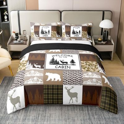 Hunting Bear Deer 100% Cotton Duvet Cover King Size, Camouflage Arrows Patchwork Comforter Cover, Rustic Farmhouse Cabin Bedding Set, Checkered Buffalo Plaid Quilt Cover with 2 Pillow Shams, Brown