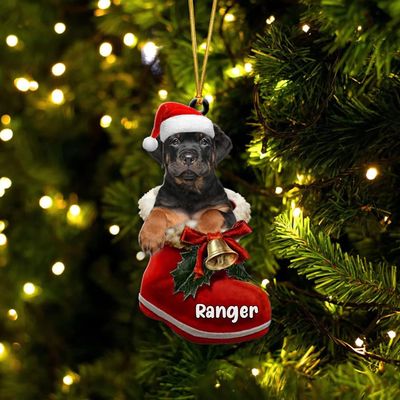 Christmas Dog Lovers - Rottweiler Dog in Santa Boot Christmas Ornament, Personalized 2D Shaped Ornament, Christmas Ornament, Custom Your Dogs Name, Personalized Acrylic Dog Christmas Ornaments