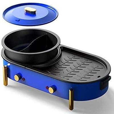 Electric Hot Pot Grill Indoor 2200W Non-Stick Baking Pan Separate Dual Temperature Control Smokeless Barbecue Machine, Easy To Clean 220V,White (Color : Blue)