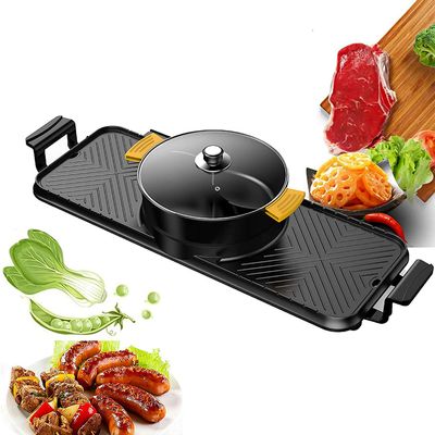 BBQ Smokeless Grill Electric Grill and Hot Pot, Multifunctional BBQ hot Pot Double Pot with 5 Temperature adjustments,Portable Home Electric Barbecue 2 in1 Outdoor Teppanyaki Grill/Shabu Pot (Size :