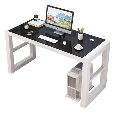 32/40/47in Comeputer Desk with Glass Panel Modern Heavy Duty Home Office Desk Metal Frame Writing Study Work Desk PC Laptop Table (32in(80cm), B+W)