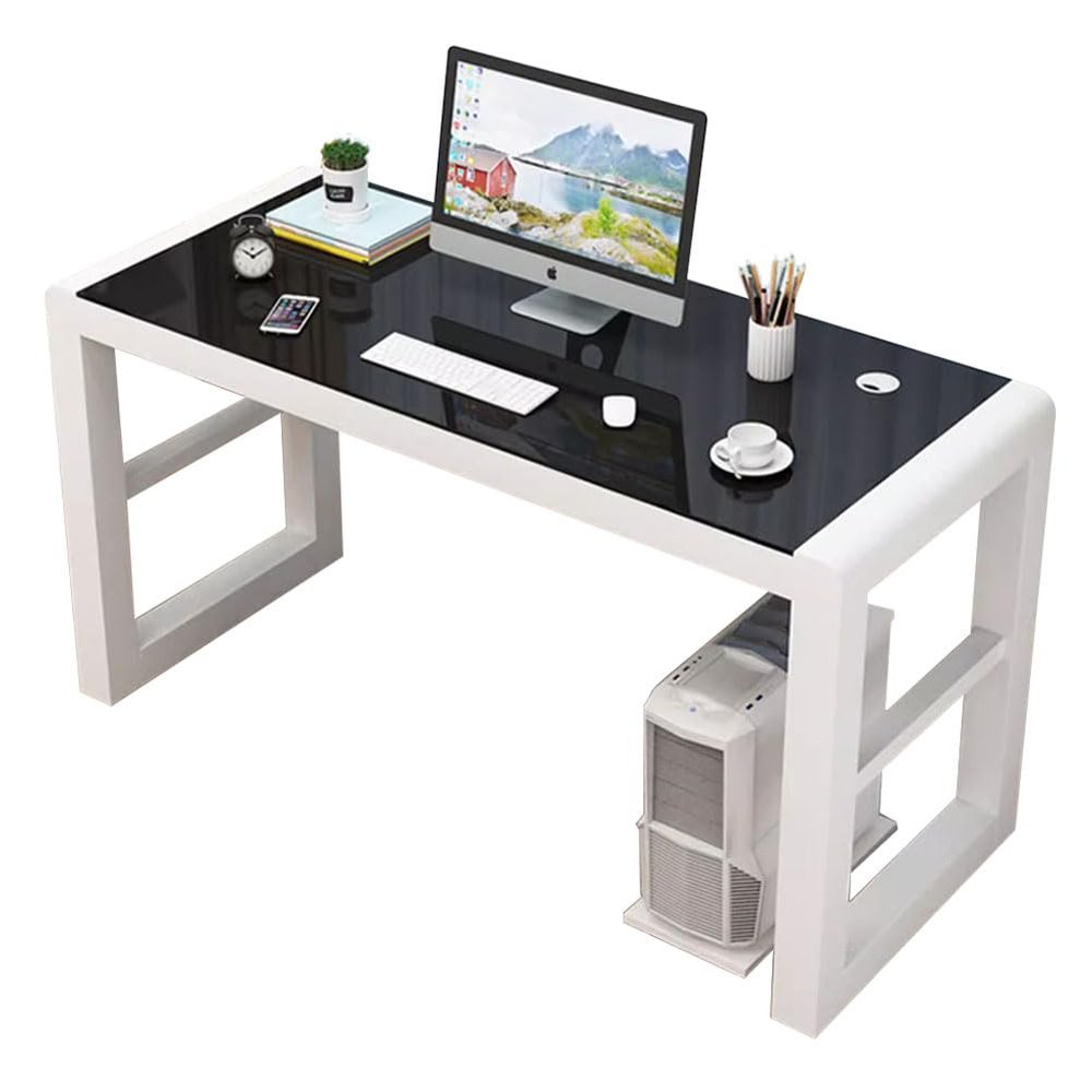 32/40/47in Comeputer Desk with Glass Panel Modern Heavy Duty Home Office Desk Metal Frame Writing Study Work Desk PC Laptop Table (32in(80cm), B+W)