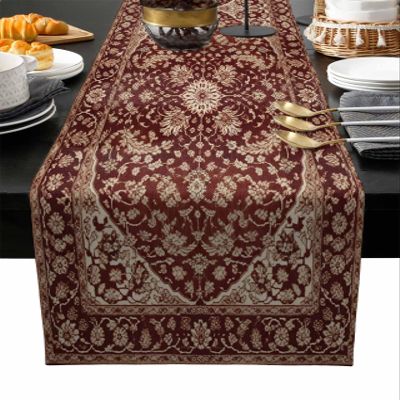 Abstract Rustic Burlap-Cotton Table Runner 70 Inches Long, Brown Traditional European Luxury Flroal Farmhouse Table Runners, Outdoor Dining Tablecloths Decor for Baby Shower/Party/Wedding 13x70
