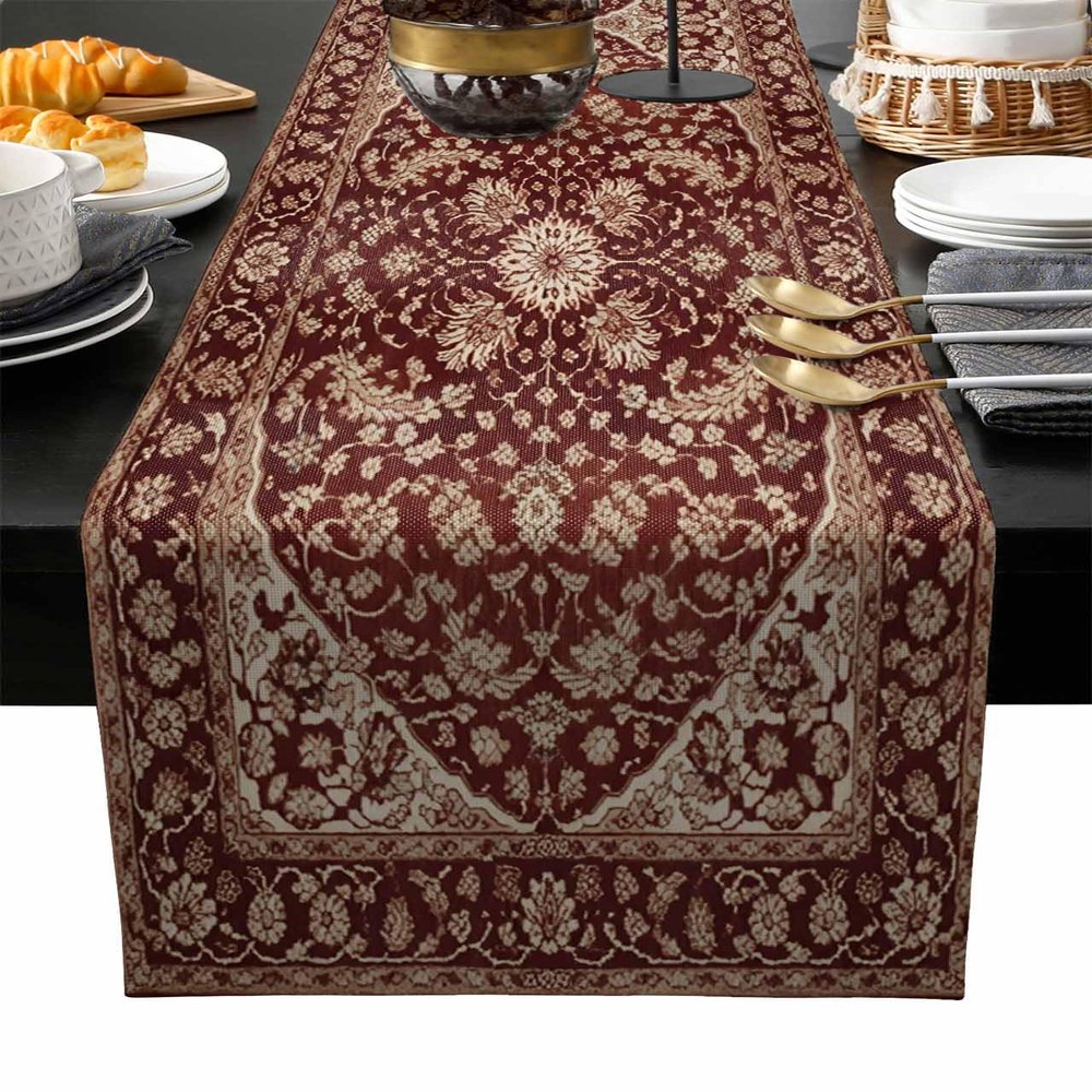 Abstract Rustic Burlap-Cotton Table Runner 70 Inches Long, Brown Traditional European Luxury Flroal Farmhouse Table Runners, Outdoor Dining Tablecloths Decor for Baby Shower/Party/Wedding 13x70