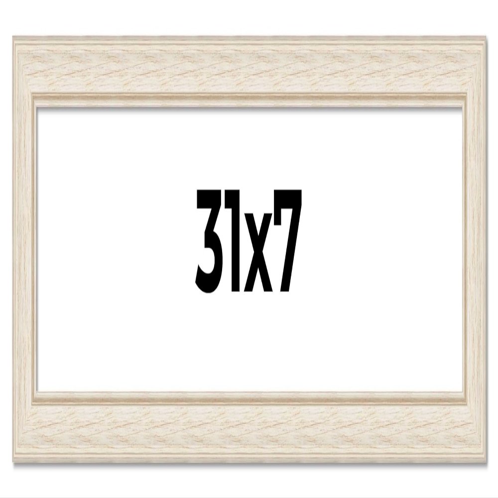31x7 Frame White Wash Rustic Cream Picture Frame | 1.75 Inch Moulding Width | Complete with UV Acrylic Plexiglass, Foam Board Backing & Hanging Hardware