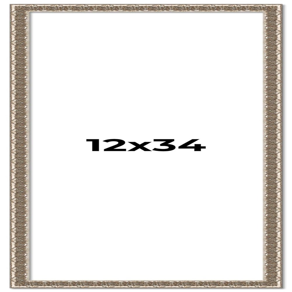 12x34 Frame Silver Versailles Ornate Solid Wood Picture Frame | 1 Inch Moulding Width | Interior Frame Depth 0.5 Inches | Complete with UV Acrylic Plexiglass, Foam Board Backing & Hanging Hardware
