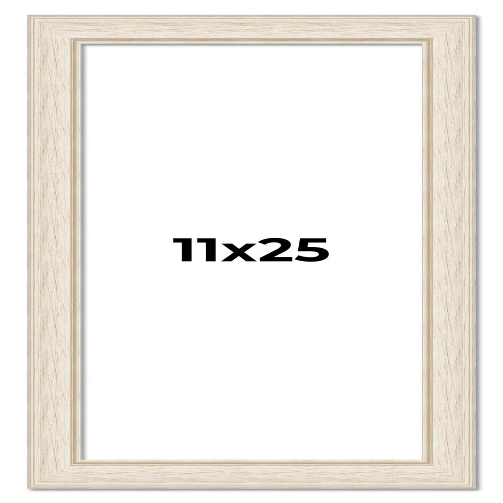 11x25 Frame White Wash Rustic Cream Picture Frame | 1.75 Inch Moulding Width | Complete with UV Acrylic Plexiglass, Foam Board Backing & Hanging Hardware