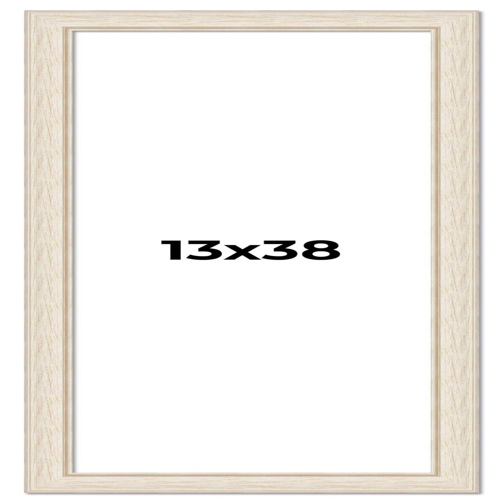 13x38 Frame White Wash Rustic Cream Picture Frame | 1.75 Inch Moulding Width | Complete with UV Acrylic Plexiglass, Foam Board Backing & Hanging Hardware