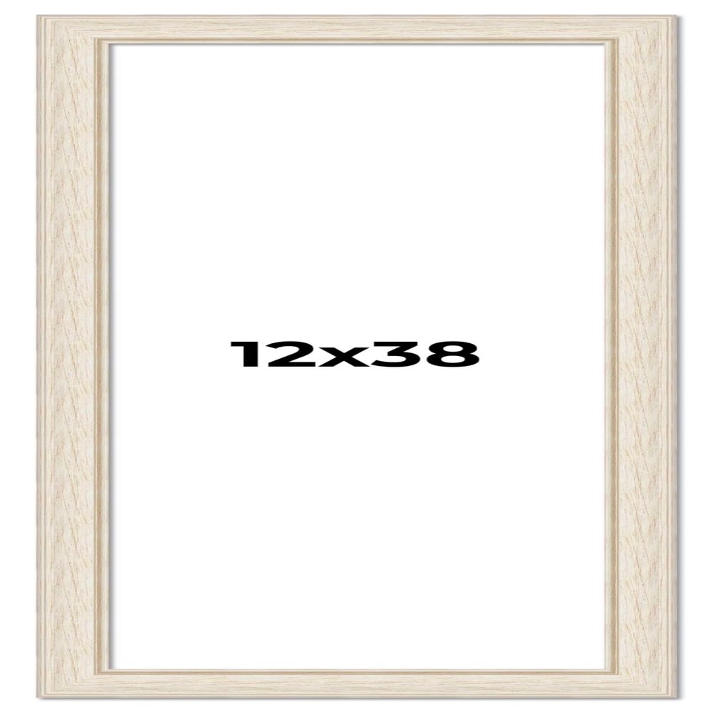 12x38 Frame White Wash Rustic Cream Picture Frame | 1.75 Inch Moulding Width | Complete with UV Acrylic Plexiglass, Foam Board Backing & Hanging Hardware