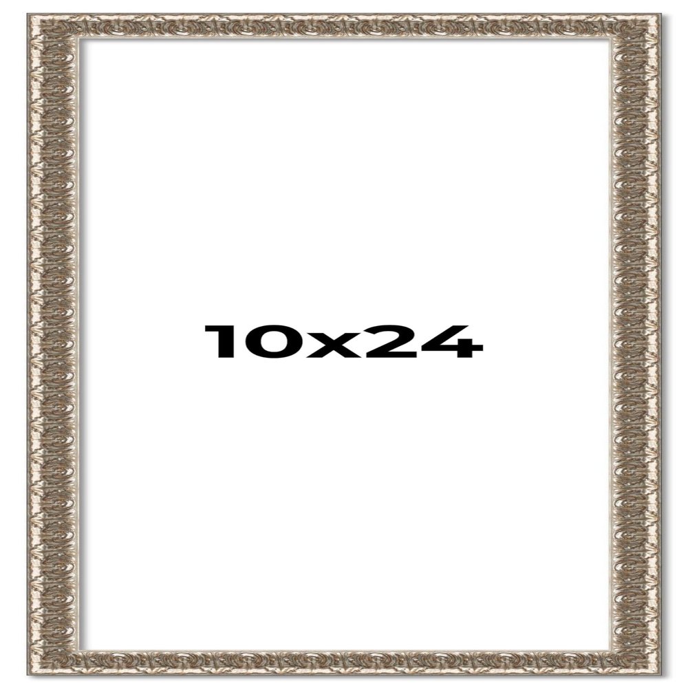 10x24 Frame Silver Versailles Ornate Solid Wood Picture Frame | 1 Inch Moulding Width | Interior Frame Depth 0.5 Inches | Complete with UV Acrylic Plexiglass, Foam Board Backing & Hanging Hardware