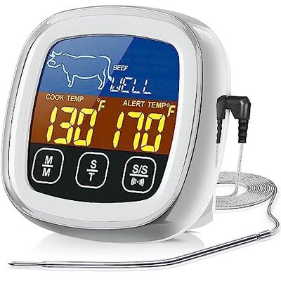 Elite Home Goods- Digital Thermometer with Large Touchscreen LCD with Long Probe | Instant Read for Smoker, BBQ Grill, Candy Making, and Oven | Digital Thermometer for Indoor and Outdoor Use (Silver)