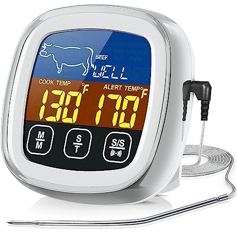 Elite Home Goods- Digital Thermometer with Large Touchscreen LCD with Long Probe | Instant Read for Smoker, BBQ Grill, Candy Making, and Oven | Digital Thermometer for Indoor and Outdoor Use (Silver)