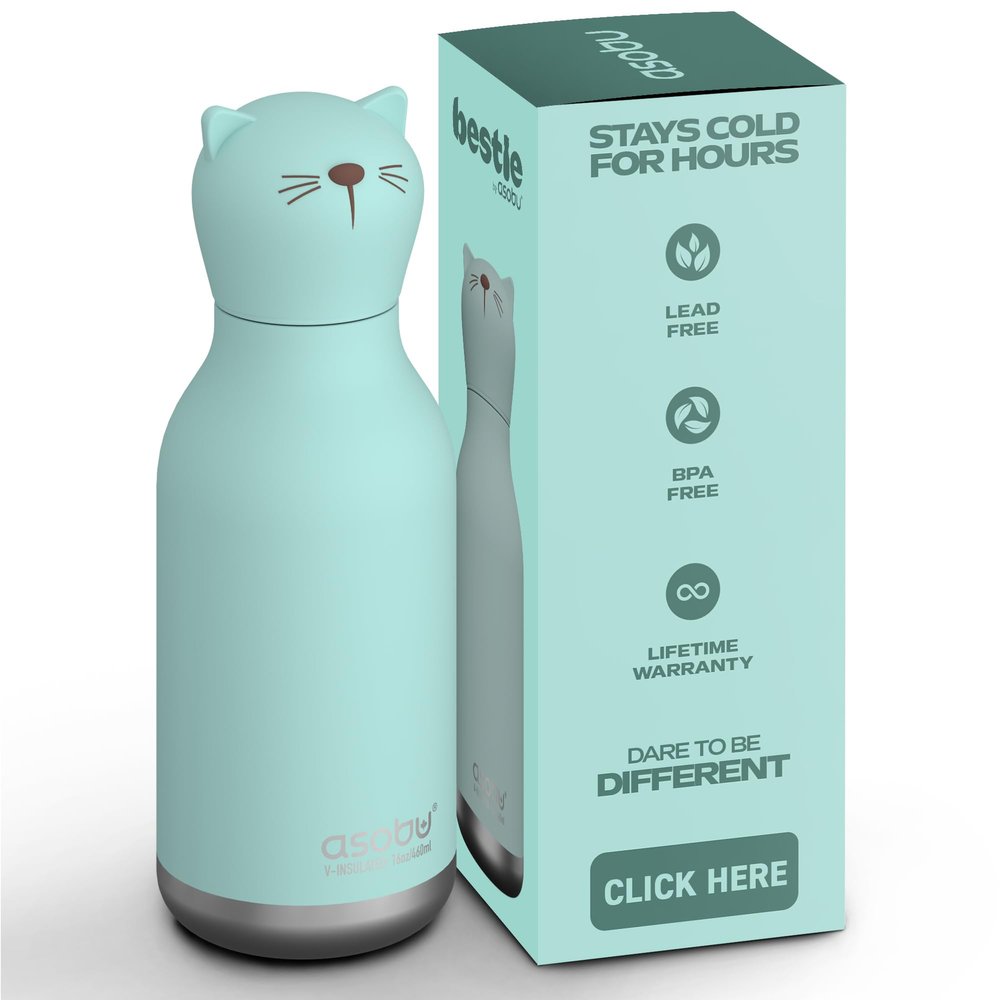 asobu Bestie Bottle Insulated Stainless Steel Water Bottle with Detachable Soft Animal Head Fun Drinking For Kids and Teens with Flexible Reusable Straw 16 Ounce (Cat)