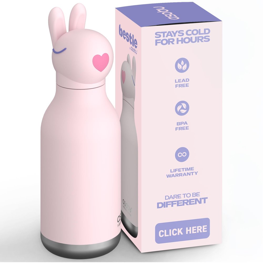 asobu Bestie Bottle Insulated Stainless Steel Water Bottle with Detachable Soft Animal Head Fun Drinking For Kids and Teens with Flexible Reusable Straw 16 Ounce