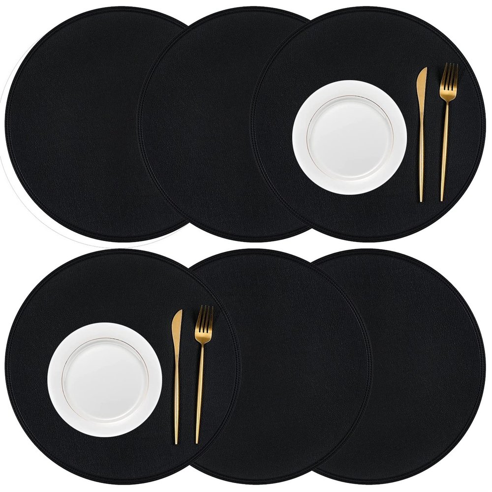 Placemats, Placemats/15inch Table Mats Set of 6, Round Faux Leather Place Mats, Double-sided Use Vinyl Tablemat, Washable Anti-scald Heat Insulation Water Proof Coffee Mat Suitable for Indoor and Outd
