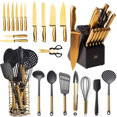 Black and Gold Knife Set with Block Self-Sharpening & Kitchen Utensils 32-Piece  Luxe Black and Gold Kitchen Accessories with Stainless Steel Holder