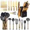 Black and Gold Knife Set with Block Self-Sharpening & Kitchen Utensils 32-Piece  Luxe Black and Gold Kitchen Accessories with Stainless Steel Holder view 1