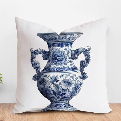 ArogGeld Blue Chinoiserie Vase Throw Pillow Cover Blue and White Porcelain Oriental Garden Decorative Cushion Cover Chinoiserie Chic Farmhouse Check Pillow for Sofa Couch Car Chair 16x16in
